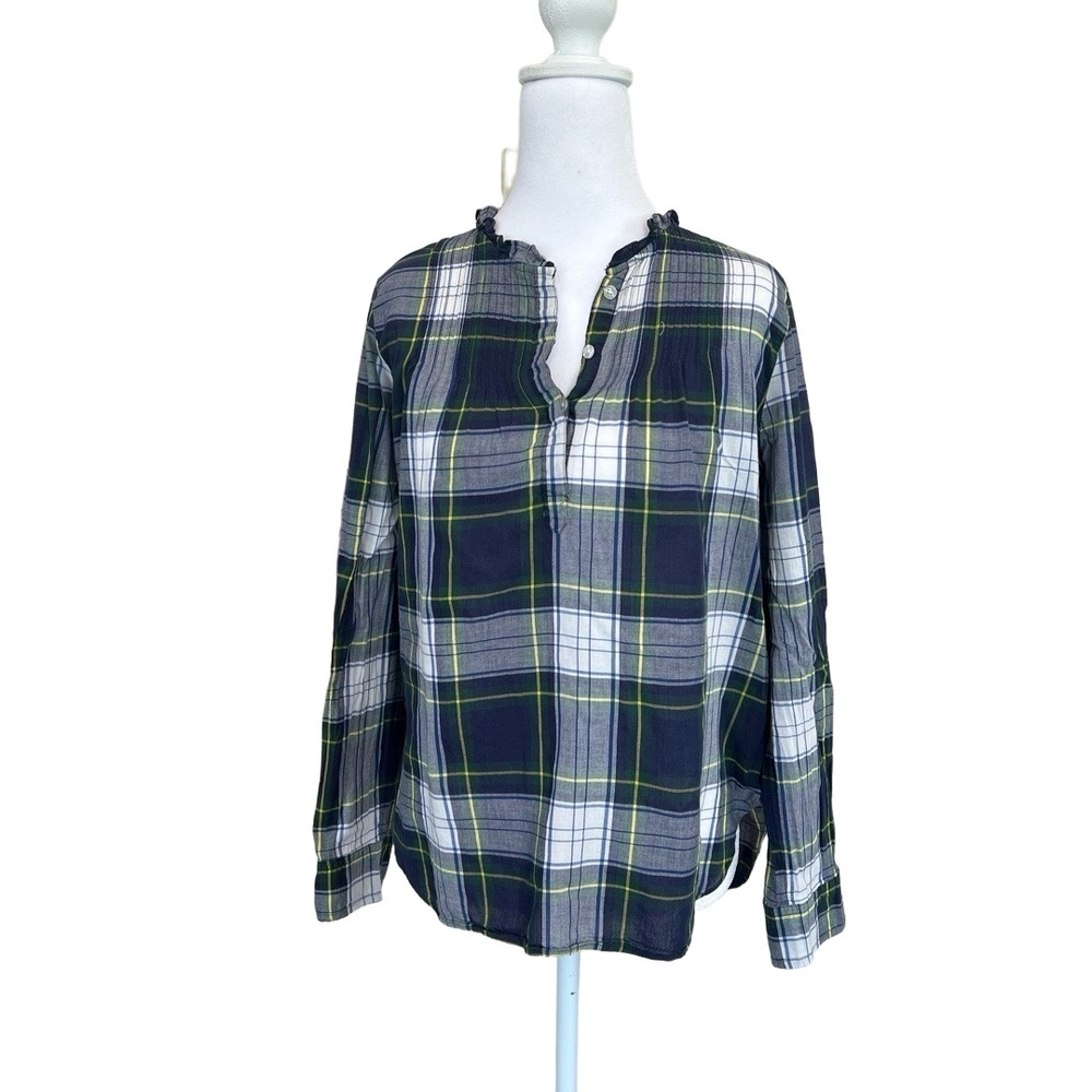 J.Crew Mercantile Womens 2 Blue Green Yellow Plaid Ruffle Collar Tartan Preppy‎